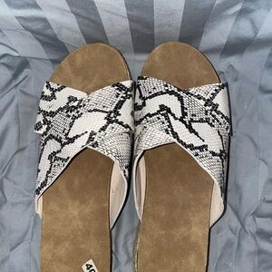Black and White Slide Sandals with Snake Print